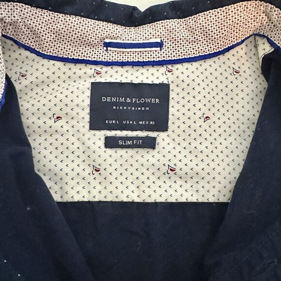 Denim & Flower Ricky Singh Men's L Shirt Navy Blue White Pin Dot Slim Fit Cotton - Picture 12 of 16